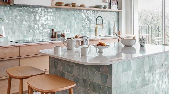 WA_Kitchen isle and backsplash with turquoise zellige